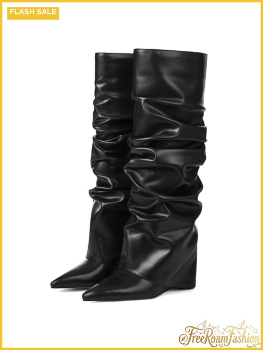 Faux Leather Wide Calf Knee High Boots Pointed Toe Pull On